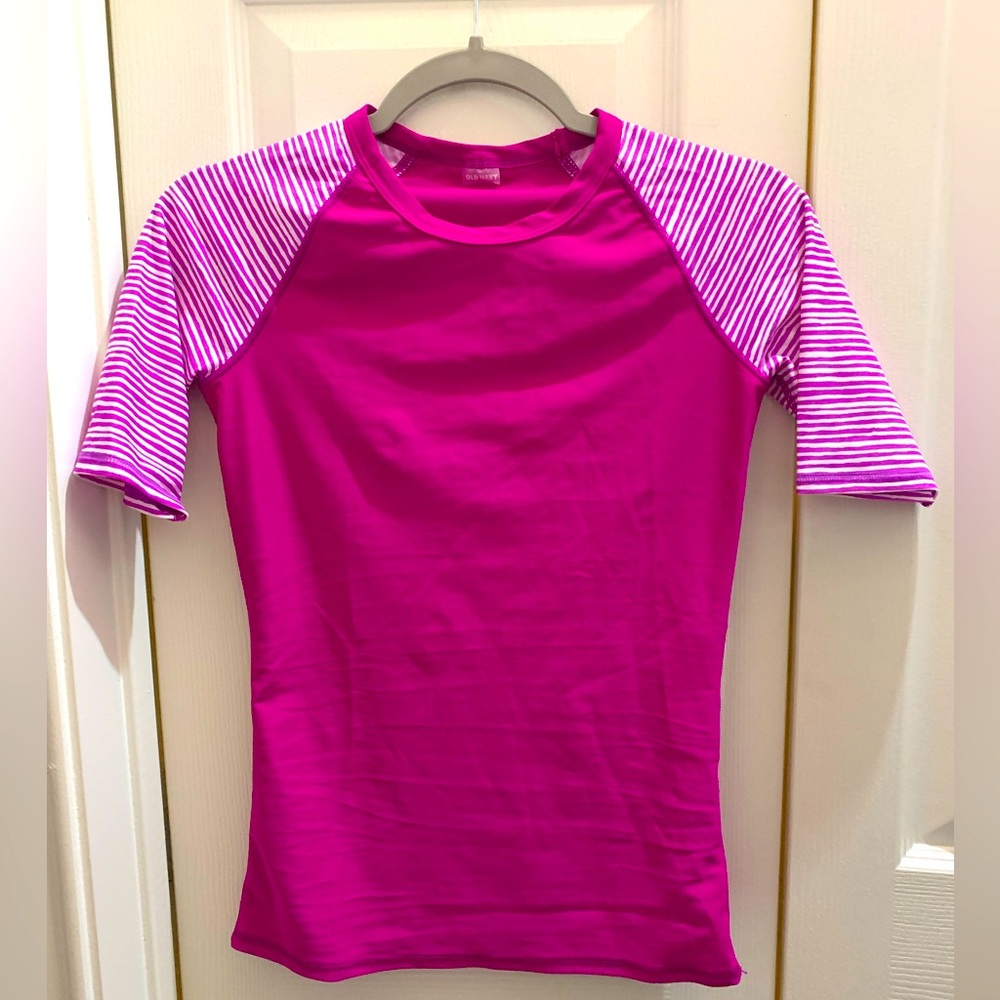 Solid purple and striped sleeve Swim top by Old Navy in XS